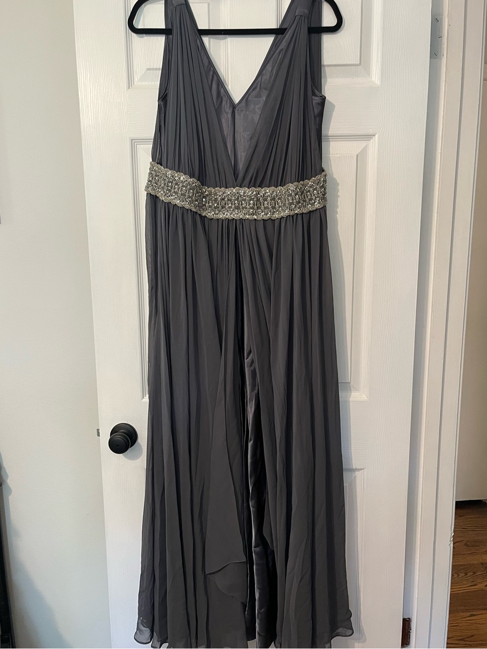 JS Collections Gray Beaded-Waist Formal Gown